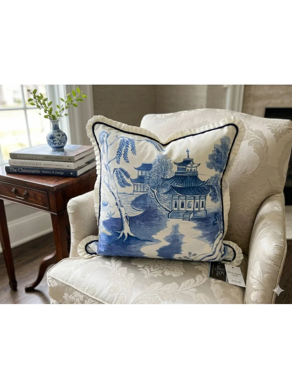 Mark David Designs Hand Painted Silk Pagoda Pillow Chinoiserie Blue White B